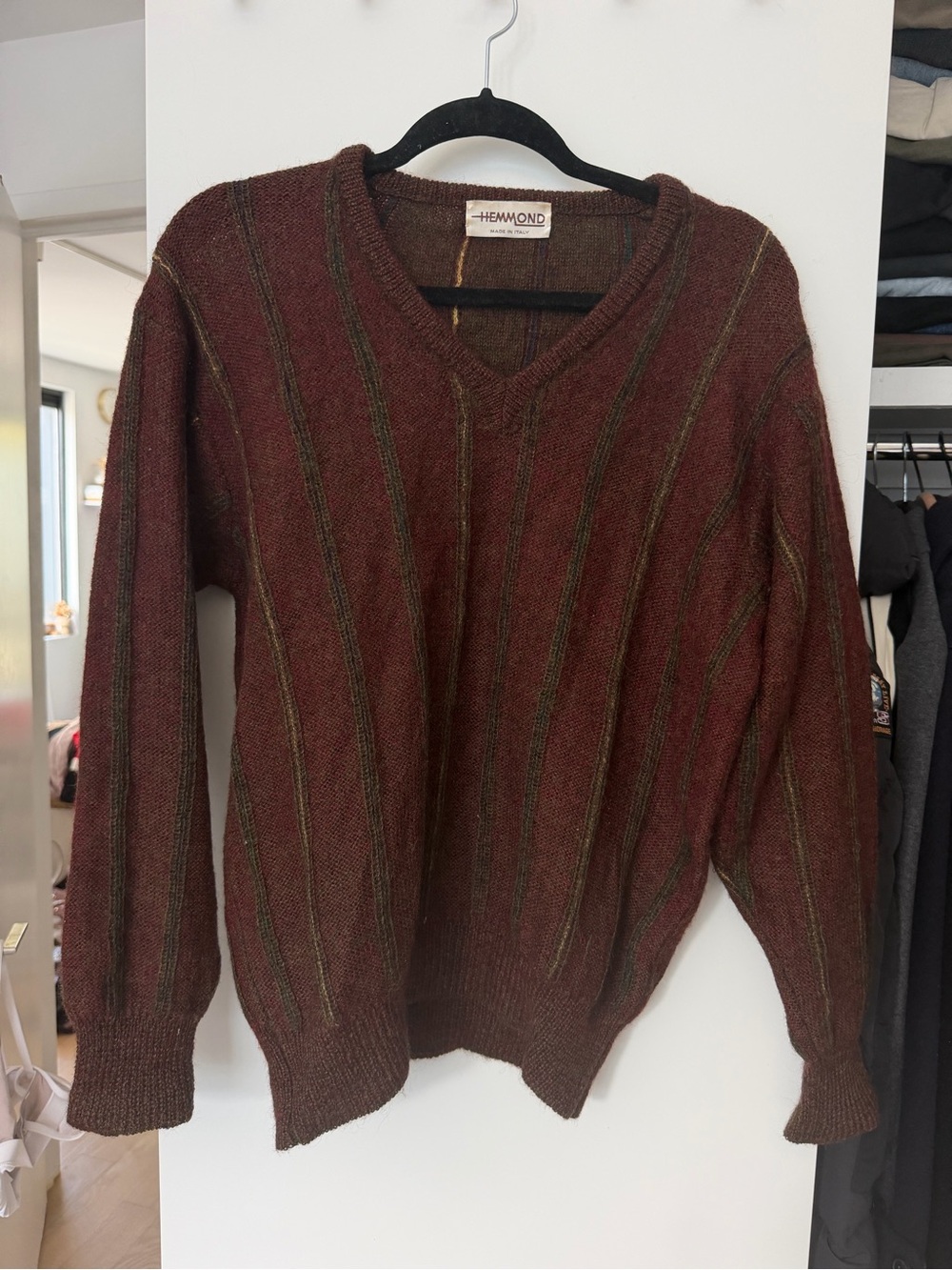 Women's V-Neck wool blend vintage Stripe Sweater - Brown